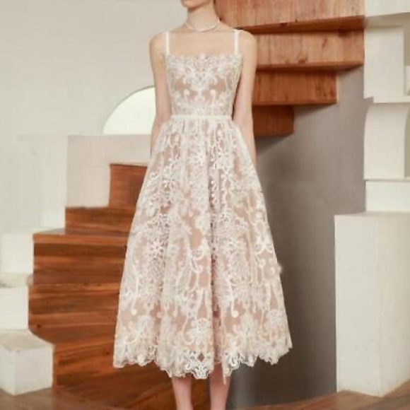 Womens Lace Spaghetti Strap Flared Midi Evening Dress - Picture 1 of 8